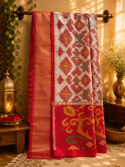 Red & Ivory Pure Pochampally Saree with Traditional Ikat Diamond Motifs and Zari Border