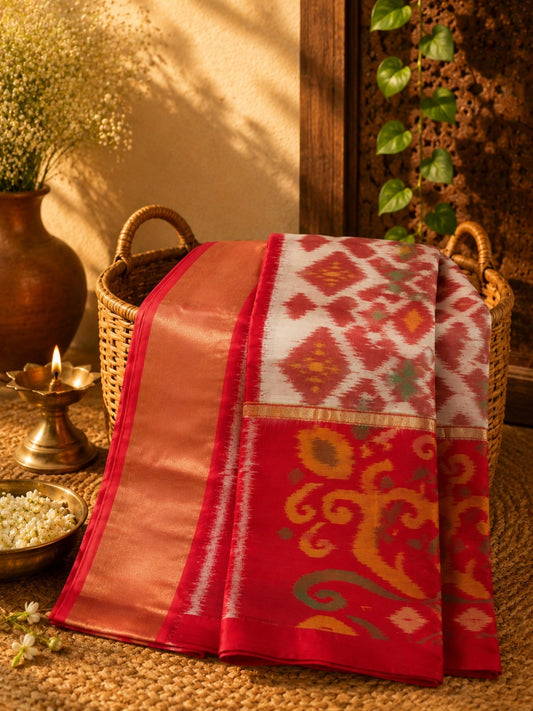 Red & Ivory Pure Pochampally Saree with Traditional Ikat Diamond Motifs and Zari Border