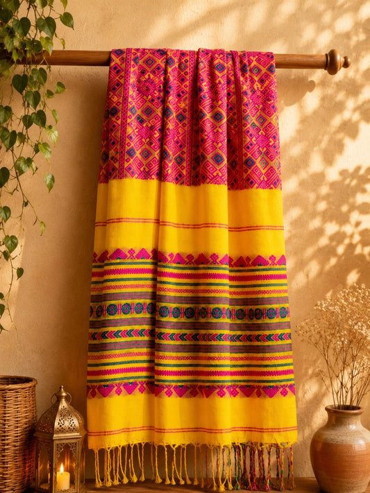 Sunshine Yellow Pure Cotton Weaving Saree with Multicolor Geometric Tribal Motifs