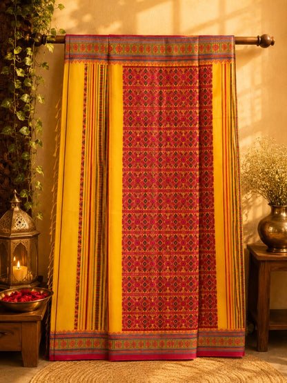 Sunshine Yellow Pure Cotton Weaving Saree with Multicolor Geometric Tribal Motifs