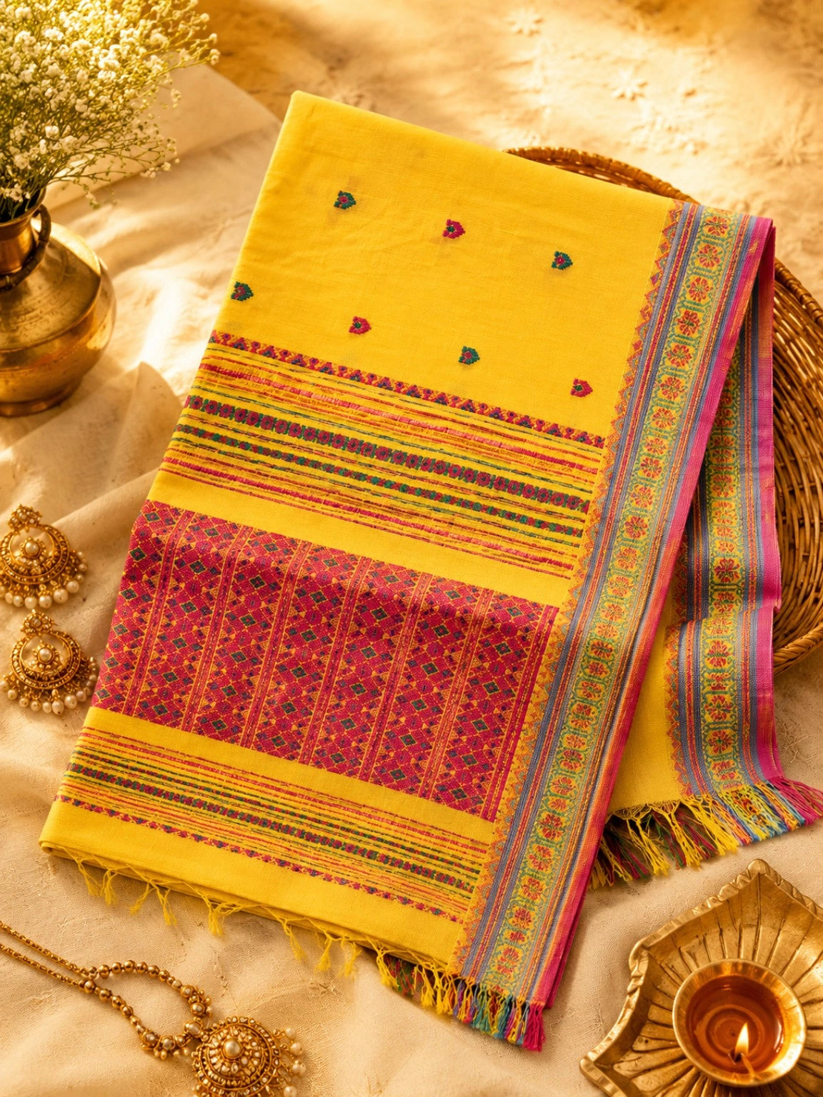 Sunshine Yellow Pure Cotton Weaving Saree with Multicolor Geometric Tribal Motifs