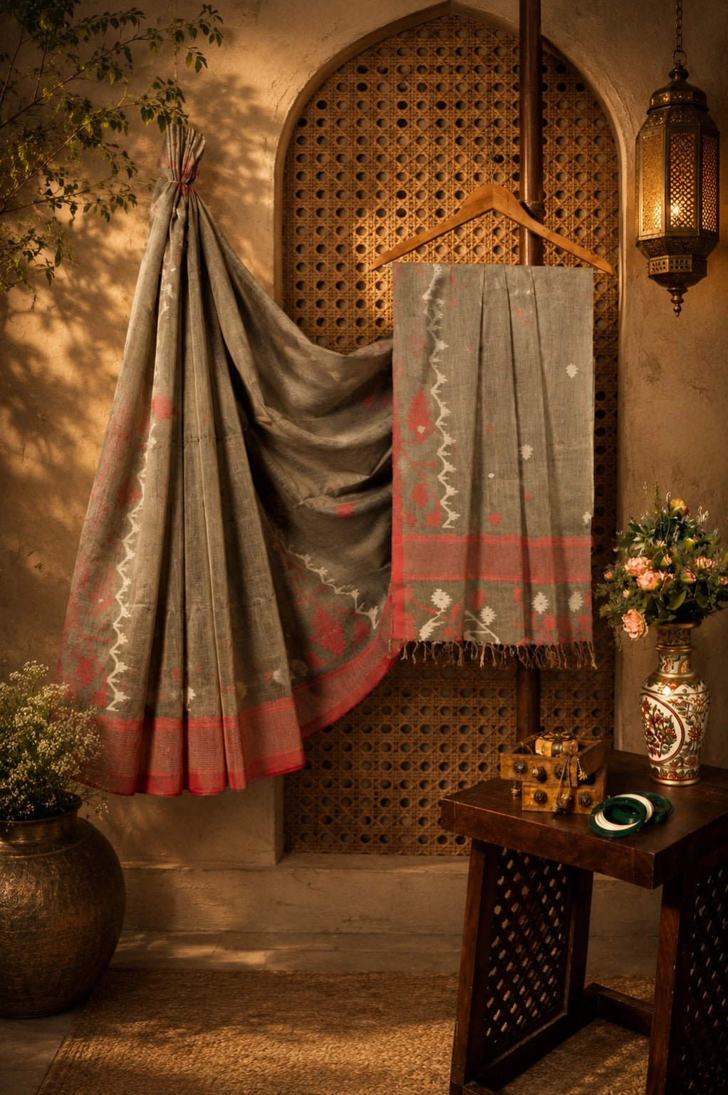 Pure Cotton Hand Weaving Jamdani Saree in Ash Grey with Red Geometric Motifs and Woven Border
