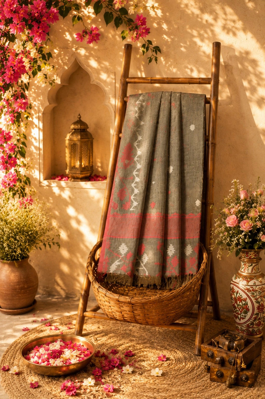 Pure Cotton Hand Weaving Jamdani Saree in Ash Grey with Red Geometric Motifs and Woven Border