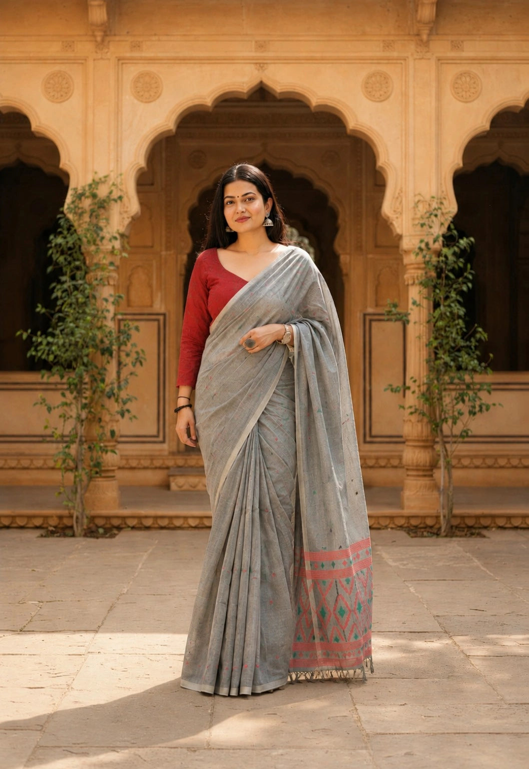 Grey Pure Cotton Hand Weaving Jamdani Saree with Pink Geometric Border & Tassel Pallu