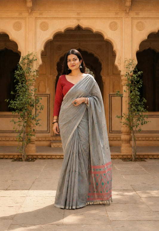 Grey Pure Cotton Hand Weaving Jamdani Saree with Pink Geometric Border & Tassel Pallu