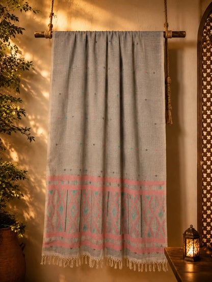 Grey Pure Cotton Hand Weaving Jamdani Saree with Pink Geometric Border & Tassel Pallu