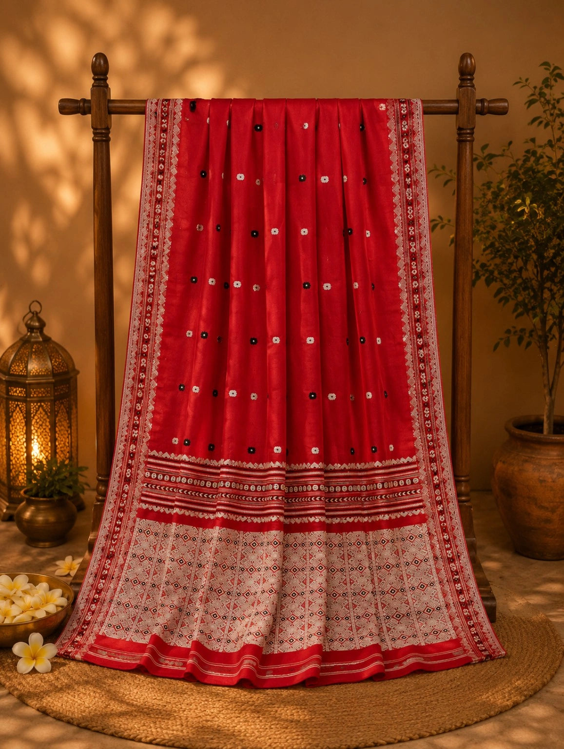 Crimson Red Pure Cotton Weaving Saree with Traditional Geometric Pallu & Contrast Buti Motifs