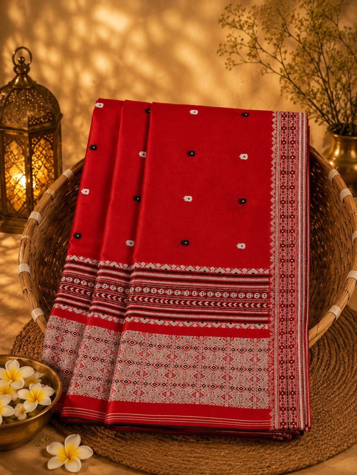 Crimson Red Pure Cotton Weaving Saree with Traditional Geometric Pallu & Contrast Buti Motifs