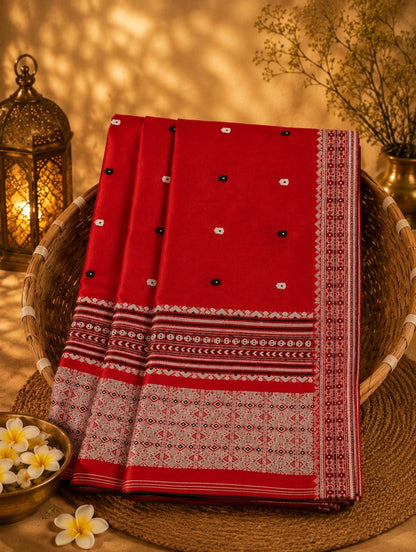 Crimson Red Pure Cotton Weaving Saree with Traditional Geometric Pallu & Contrast Buti Motifs