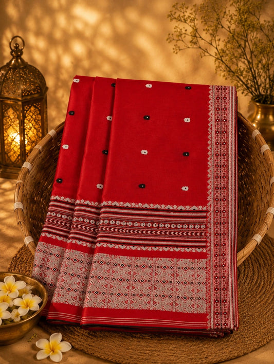 Crimson Red Pure Cotton Weaving Saree with Traditional Geometric Pallu & Contrast Buti Motifs