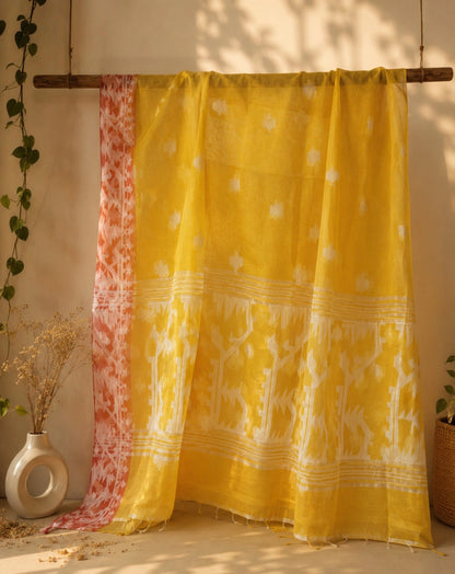 Sunshine Yellow Muslin Jamdani Saree with White Floral Buti and Heritage Woven Border