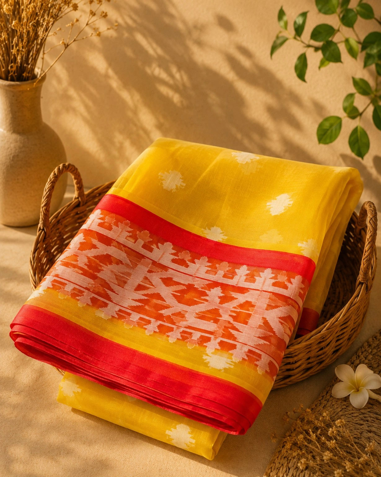 Sunshine Yellow Muslin Jamdani Saree with White Floral Buti and Heritage Woven Border