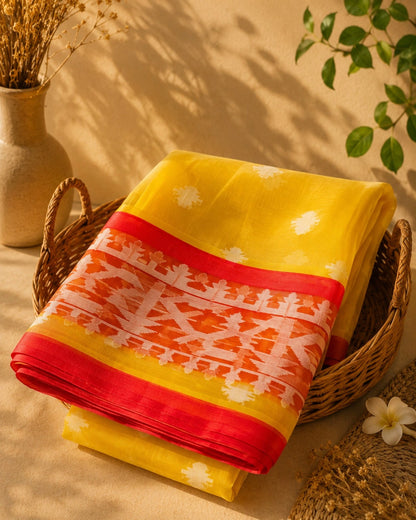Sunshine Yellow Muslin Jamdani Saree with White Floral Buti and Heritage Woven Border