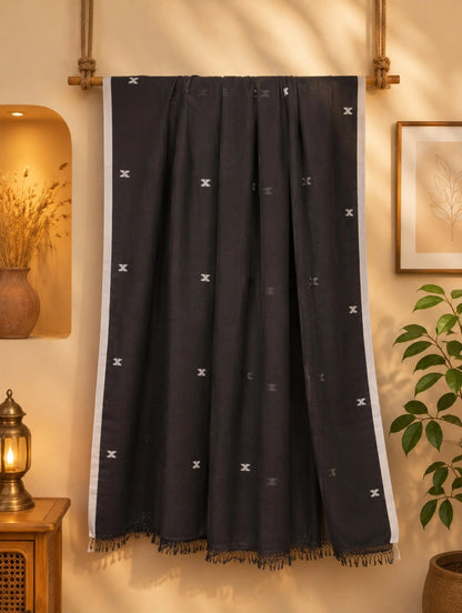 Black Cotton Handloom Saree with White Geometric Woven Motifs and Tribal Inspired Pallu Design