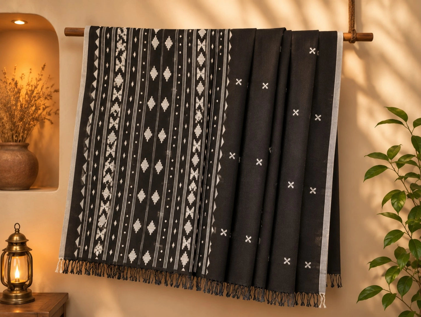 Black Cotton Handloom Saree with White Geometric Woven Motifs and Tribal Inspired Pallu Design