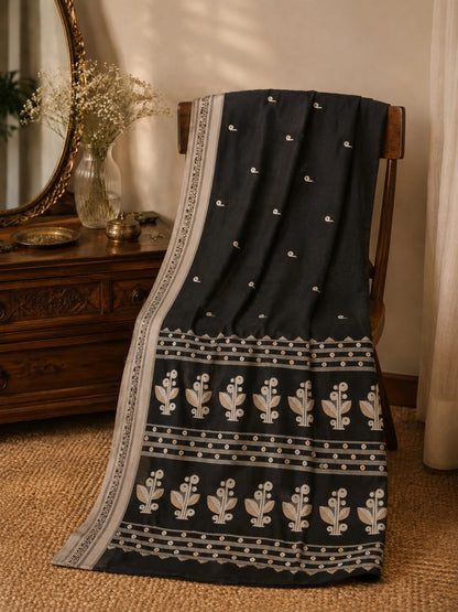 Black Cotton Tangail Handloom Saree with Tribal Floral Woven Pallu and Contrast Border