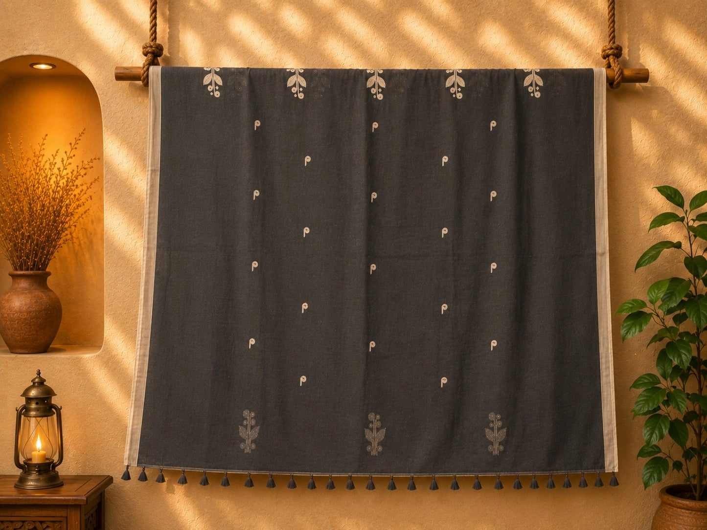 Black Cotton Tangail Handloom Saree with Tribal Floral Woven Pallu and Contrast Border