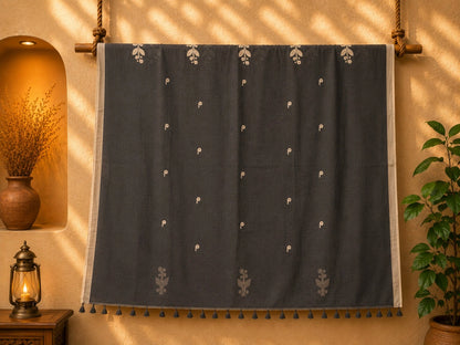 Black Cotton Tangail Handloom Saree with Tribal Floral Woven Pallu and Contrast Border
