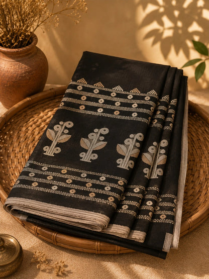 Black Cotton Tangail Handloom Saree with Tribal Floral Woven Pallu and Contrast Border