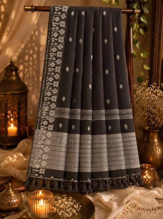 Black Cotton Handloom Saree with White Buti Motifs & Tribal Woven Border
