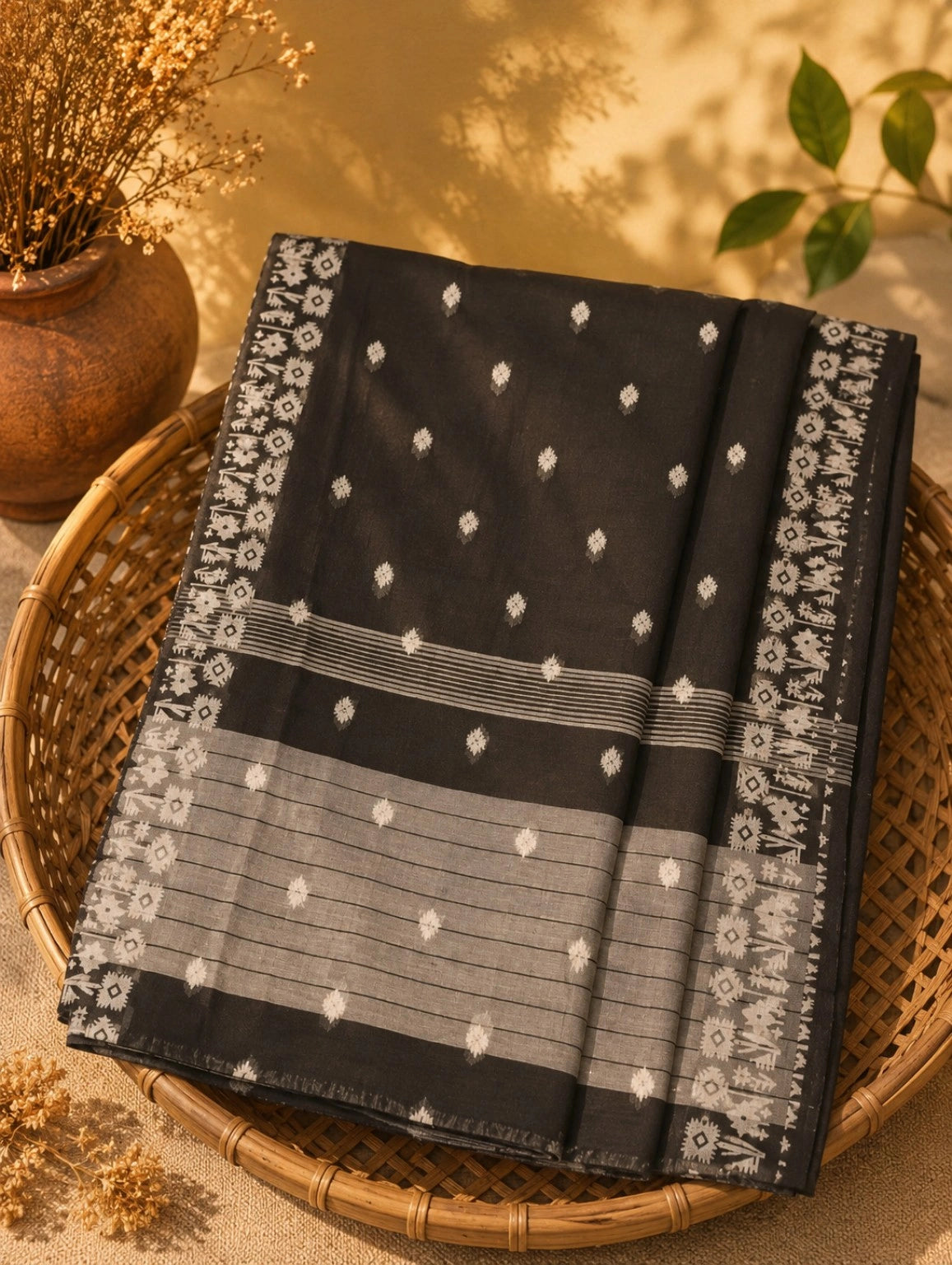 Black Cotton Handloom Saree with White Buti Motifs & Tribal Woven Border