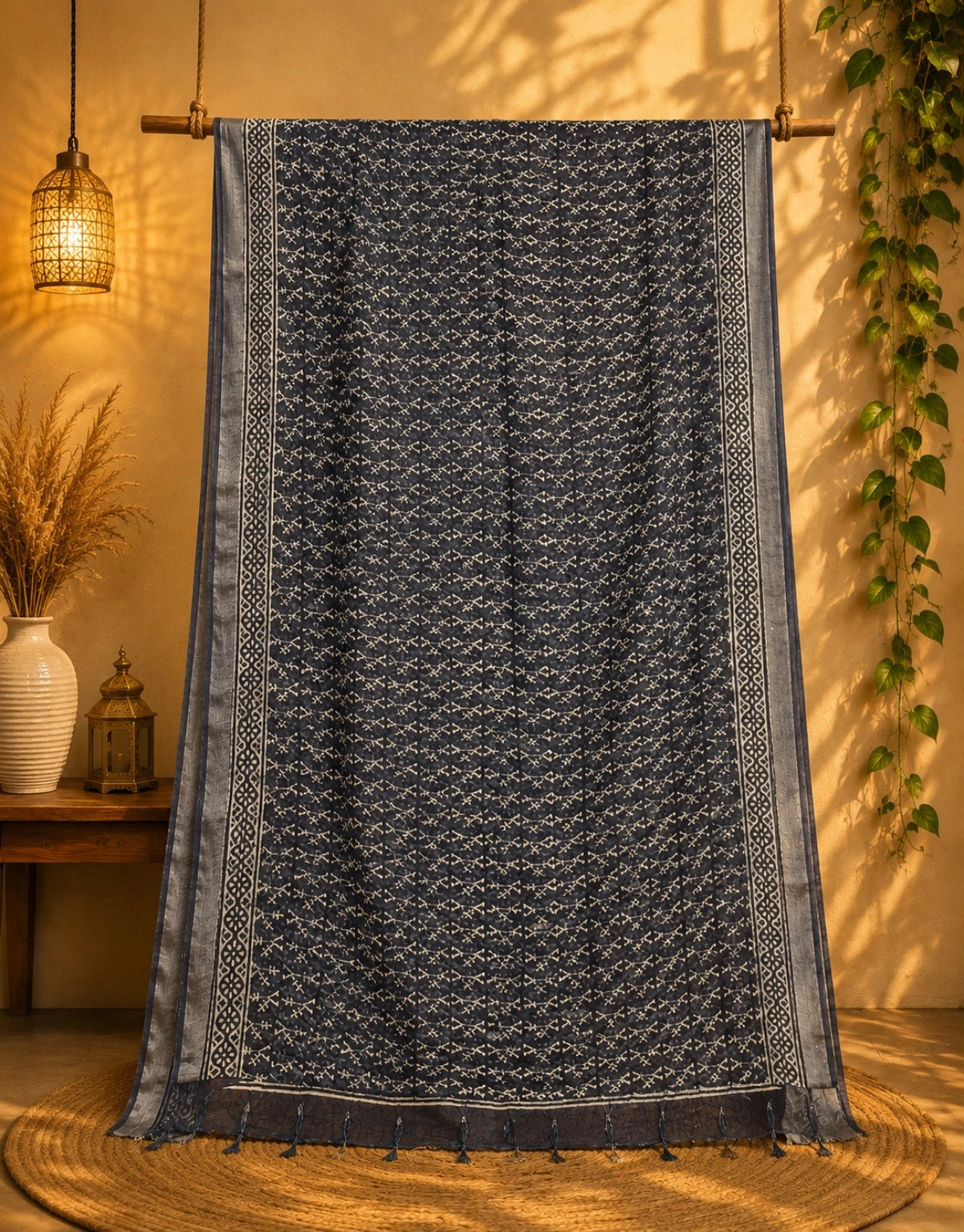 Indigo Linen Print Saree with Tribal Vine Motifs & Artistic Border Design
