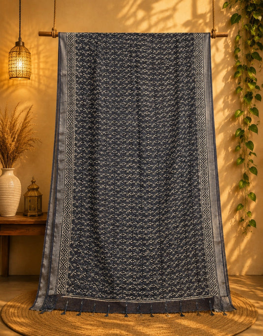 Indigo Linen Print Saree with Tribal Vine Motifs & Artistic Border Design
