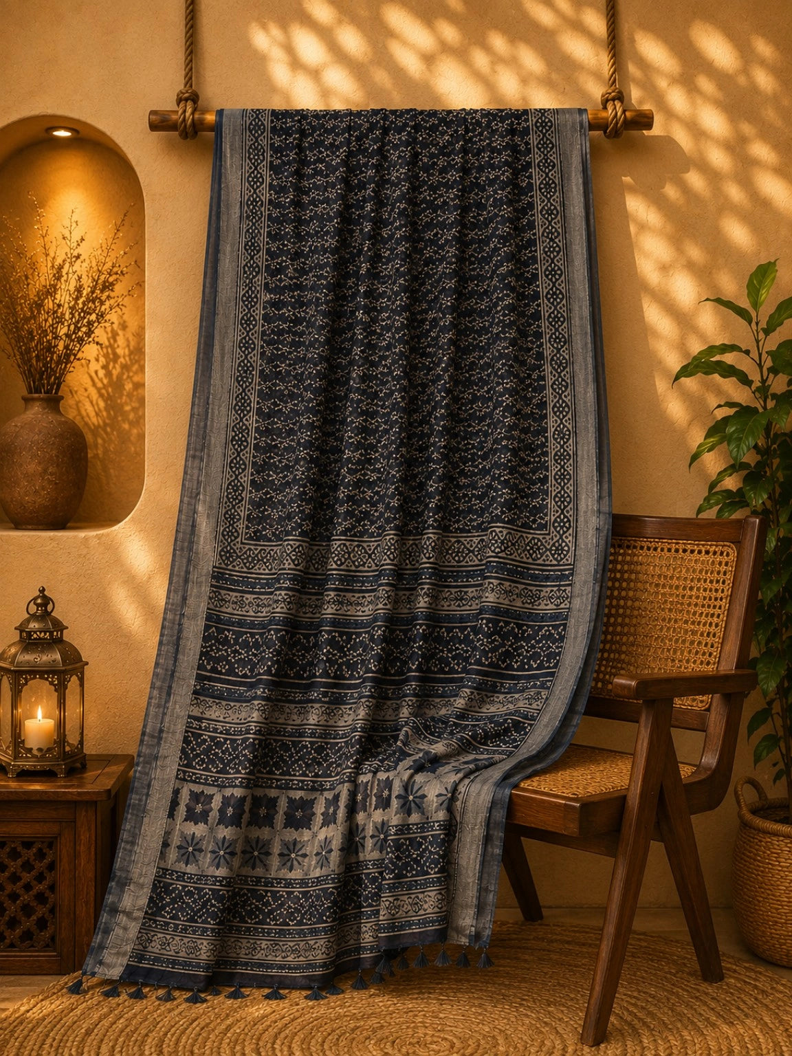 Indigo Linen Print Saree with Tribal Vine Motifs & Artistic Border Design