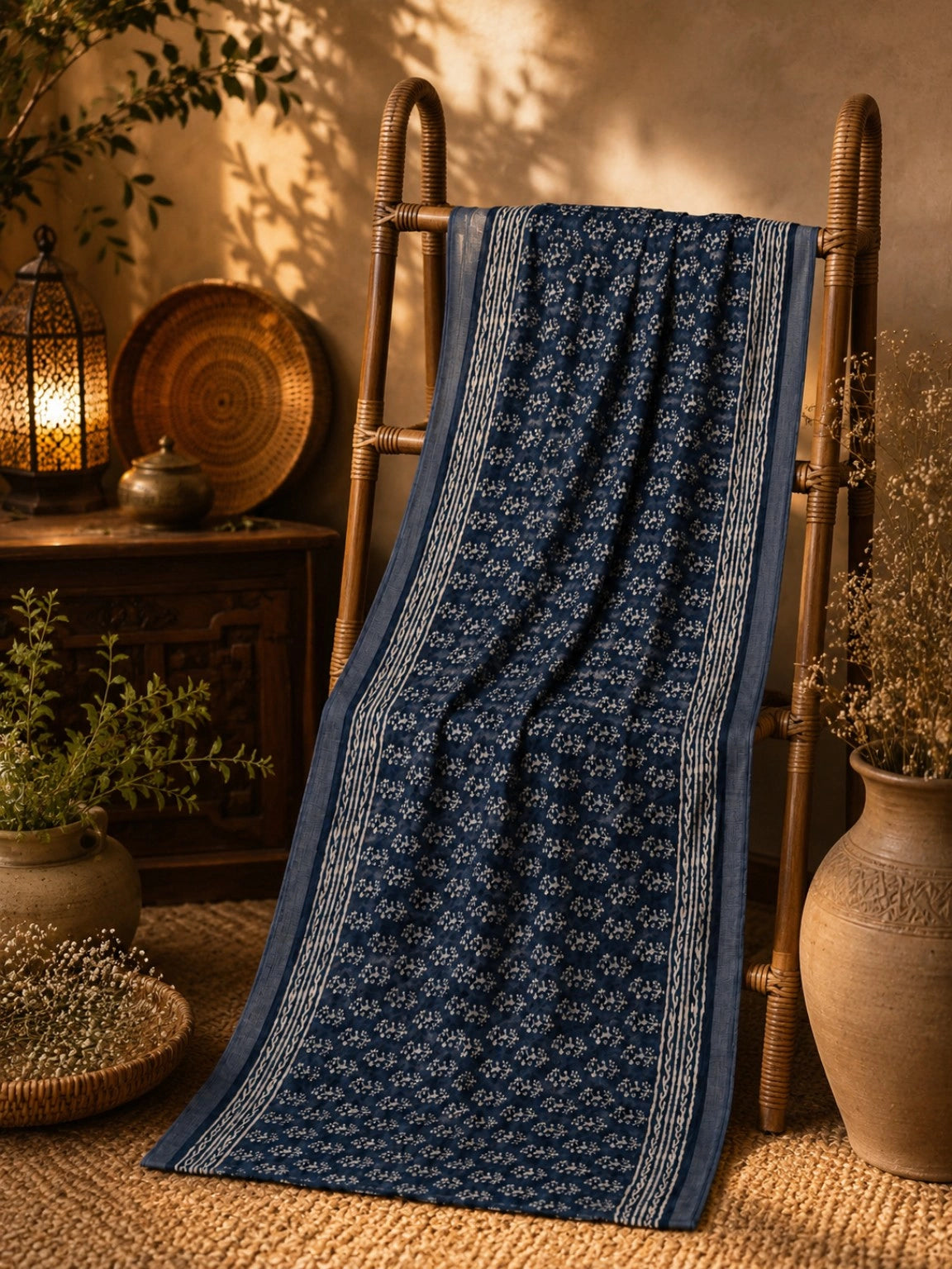 Indigo Blue Linen Print Saree with Traditional Floral Block Motifs & Ethnic Border Design