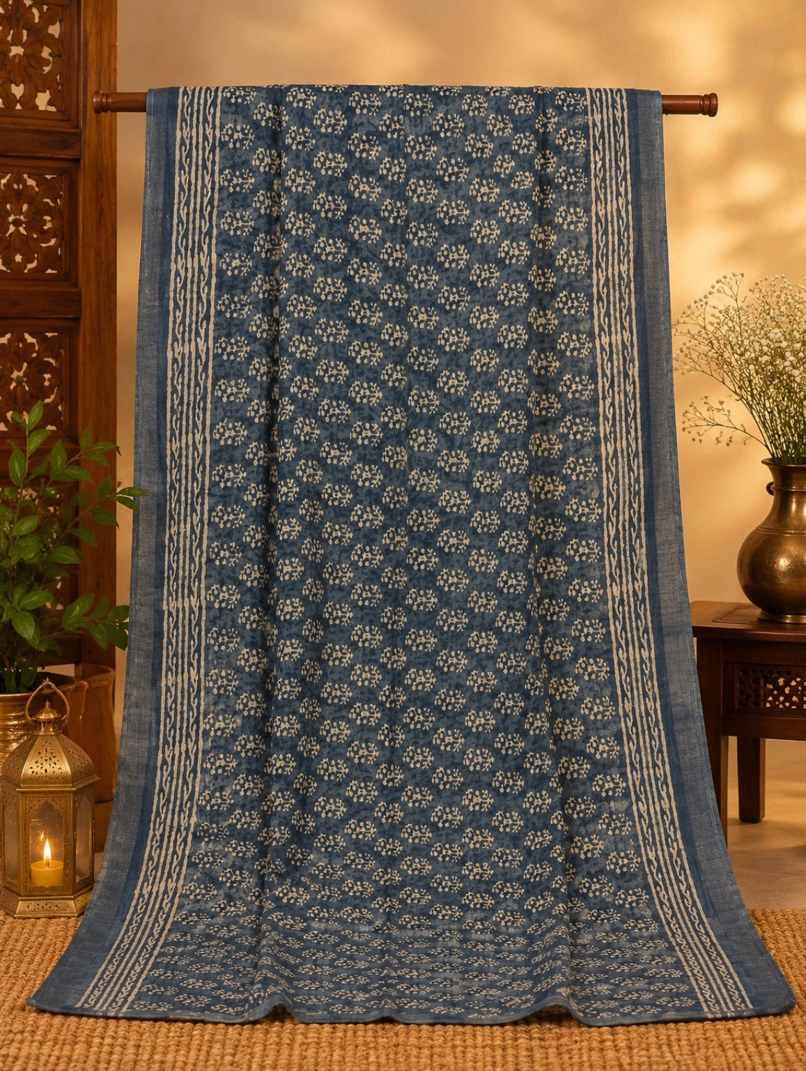 Indigo Blue Linen Print Saree with Traditional Floral Block Motifs & Ethnic Border Design
