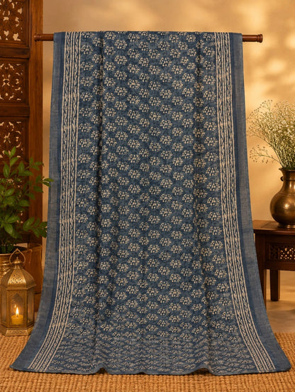 Indigo Blue Linen Print Saree with Traditional Floral Block Motifs & Ethnic Border Design