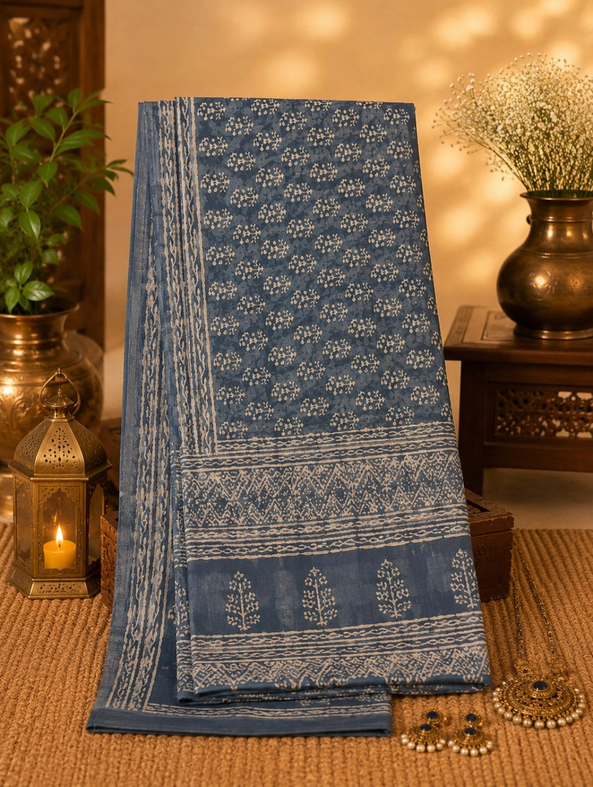 Indigo Blue Linen Print Saree with Traditional Floral Block Motifs & Ethnic Border Design