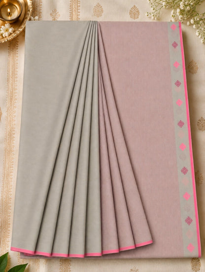 Pure Cotton Jamdani Saree in Dove Grey & Blush Pink with Traditional Floral Border