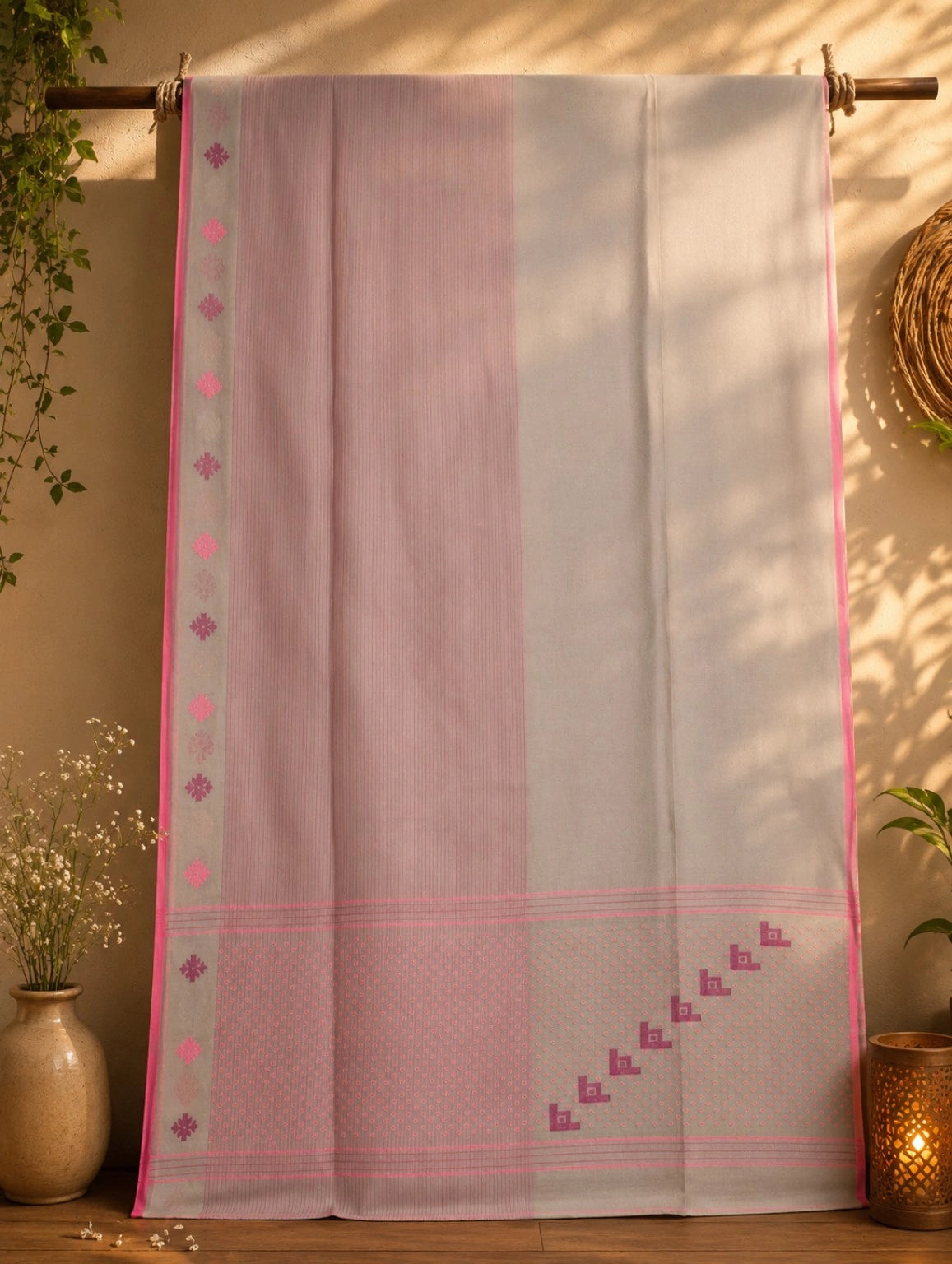 Pure Cotton Jamdani Saree in Dove Grey & Blush Pink with Traditional Floral Border