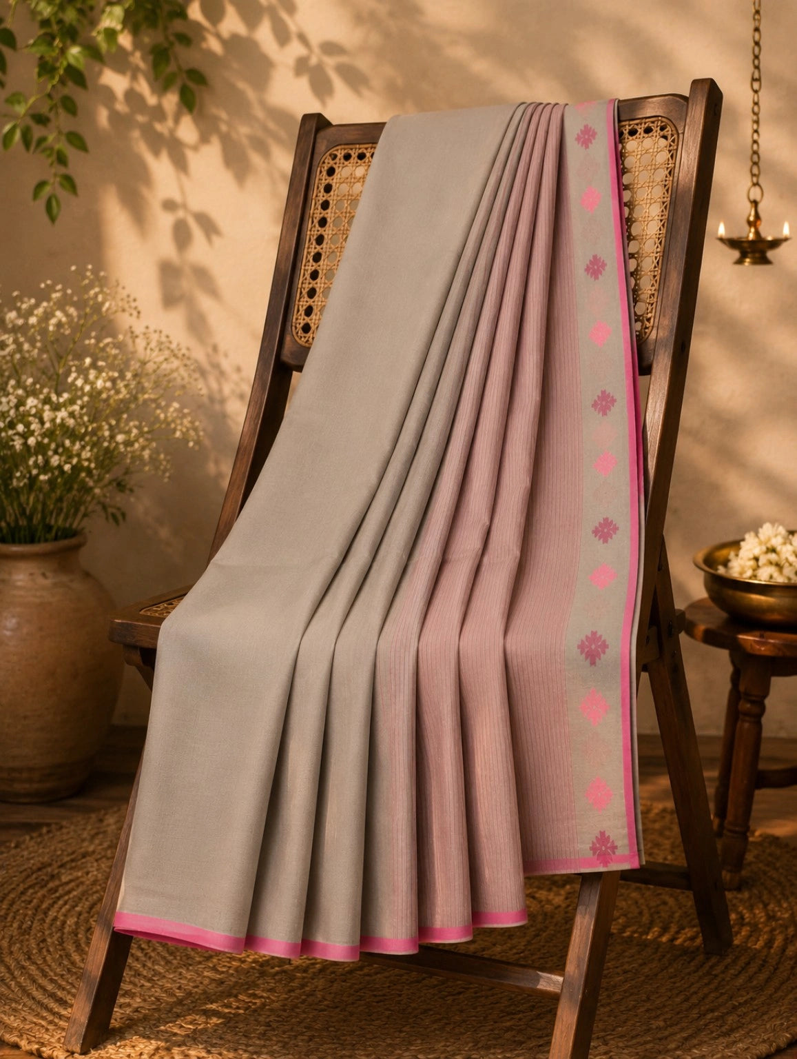 Pure Cotton Jamdani Saree in Dove Grey & Blush Pink with Traditional Floral Border