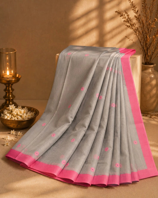 Grey & Pink Pure Cotton Jamdani Saree with Floral Buti Motifs and Traditional Woven Pallu