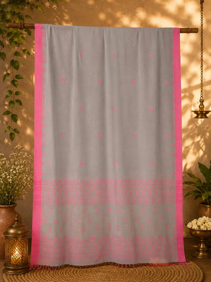 Grey & Pink Pure Cotton Jamdani Saree with Floral Buti Motifs and Traditional Woven Pallu