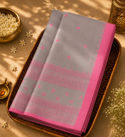 Grey & Pink Pure Cotton Jamdani Saree with Floral Buti Motifs and Traditional Woven Pallu