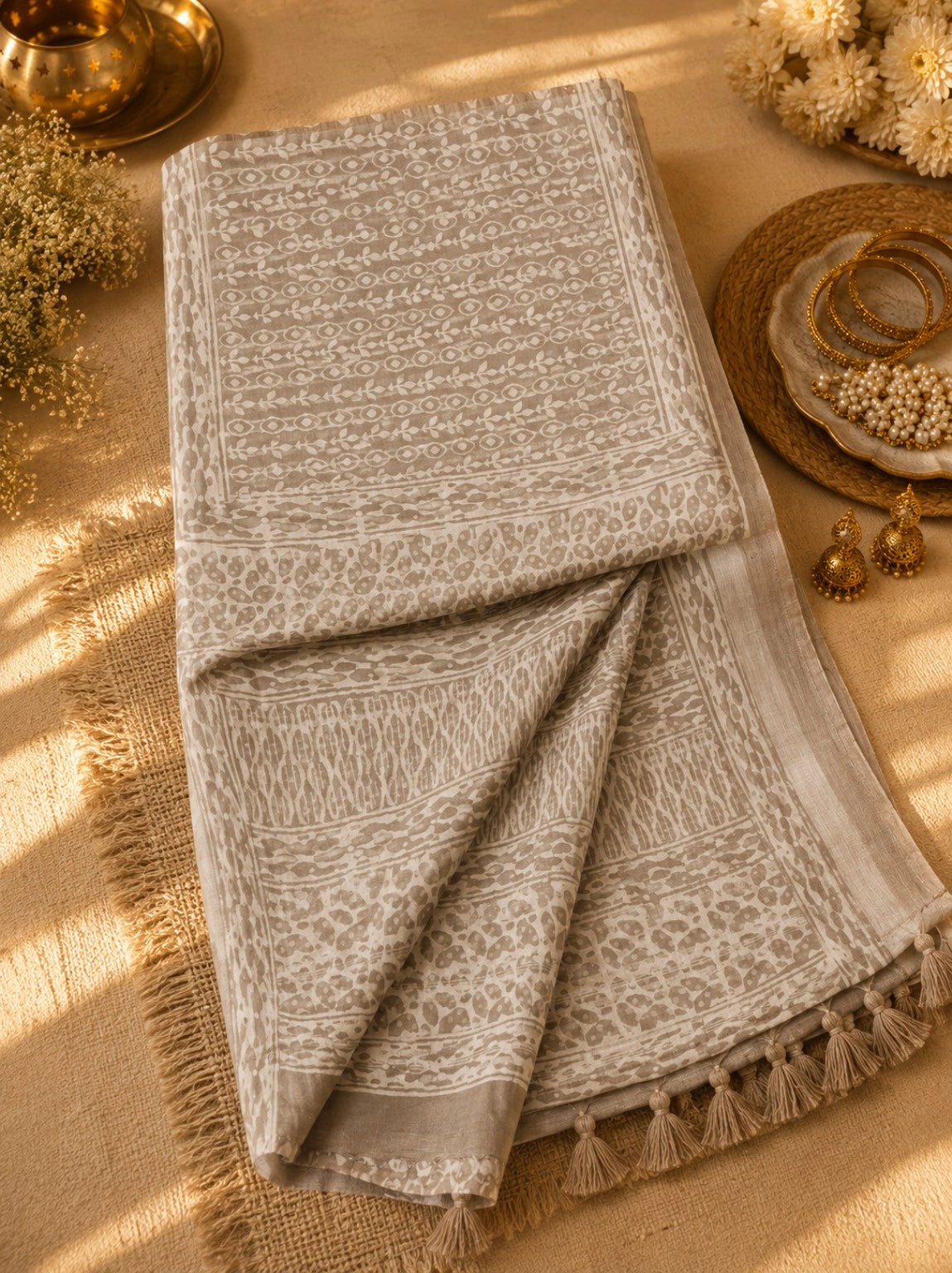 Beige Linen Bagru Print Saree with Traditional Floral Vine Motifs & Tassel Pallu