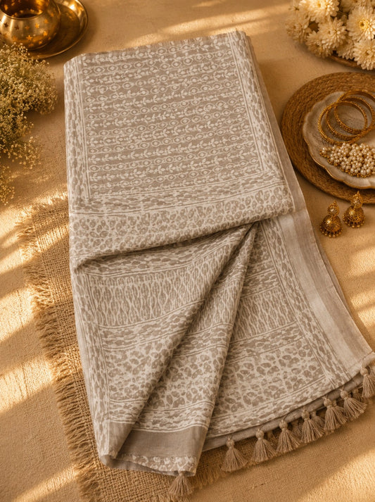 Beige Linen Bagru Print Saree with Traditional Floral Vine Motifs & Tassel Pallu