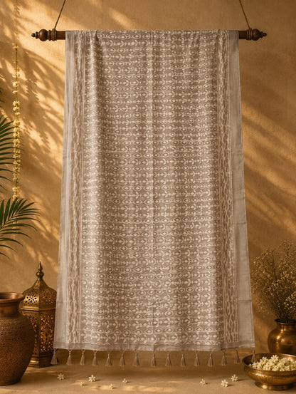 Beige Linen Bagru Print Saree with Traditional Floral Vine Motifs & Tassel Pallu