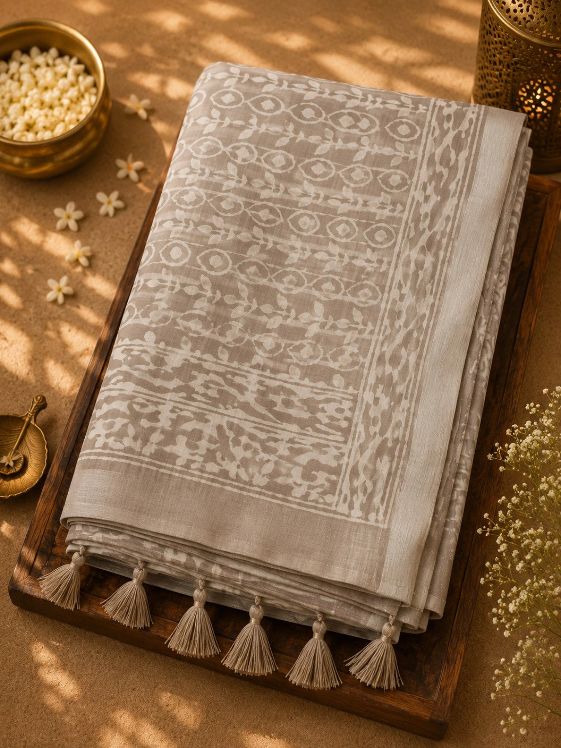 Beige Linen Bagru Print Saree with Traditional Floral Vine Motifs & Tassel Pallu