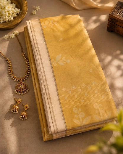 Mustard Yellow Cotton Tangail Handloom Saree with Floral Buti Motifs & Cream Woven Border