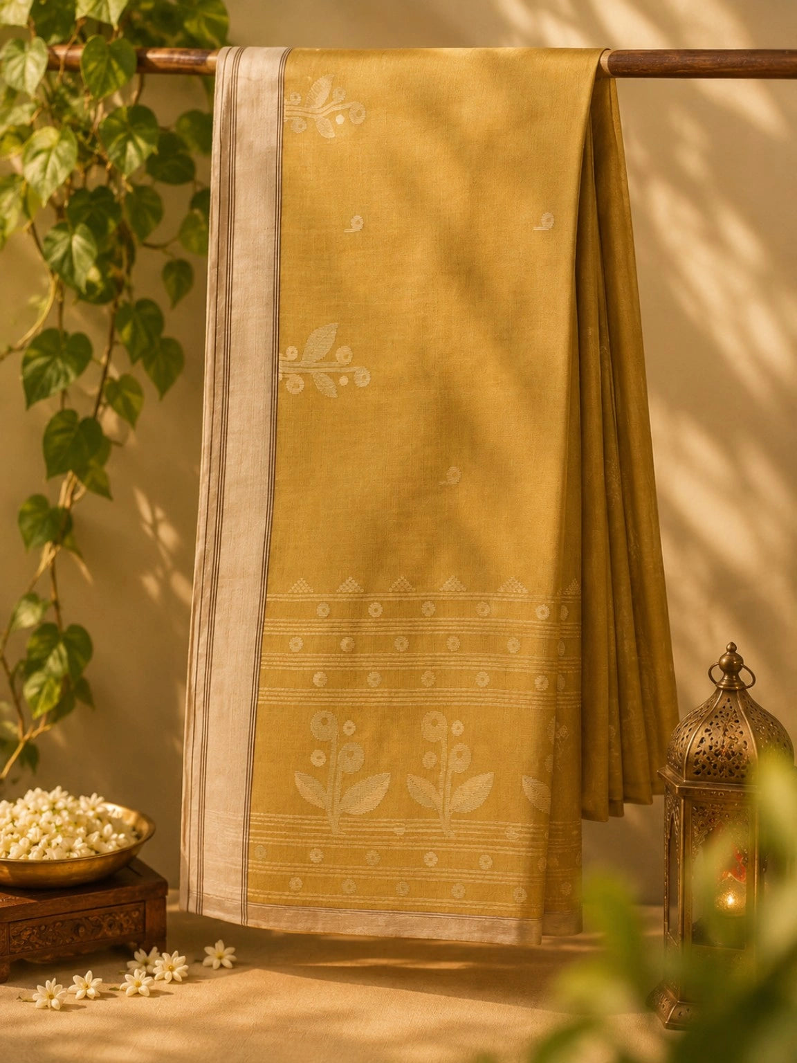Mustard Yellow Cotton Tangail Handloom Saree with Floral Buti Motifs & Cream Woven Border