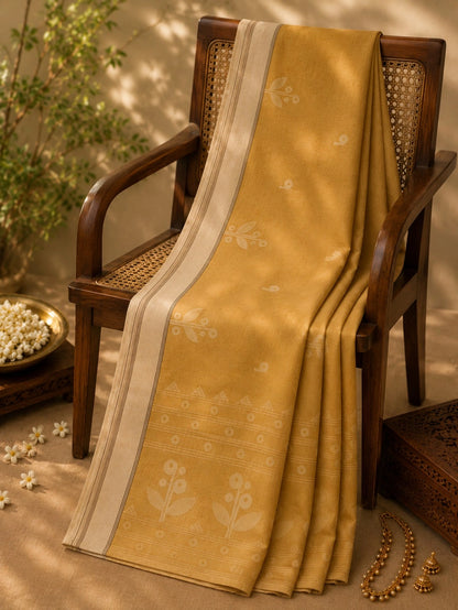 Mustard Yellow Cotton Tangail Handloom Saree with Floral Buti Motifs & Cream Woven Border