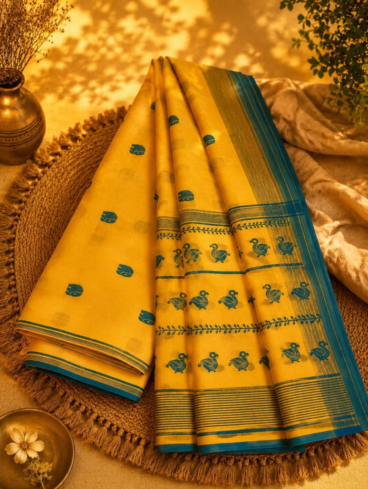 Mustard Yellow Pure Cotton Handwoven Saree with Teal Bird Motif Border & Traditional Buti Design