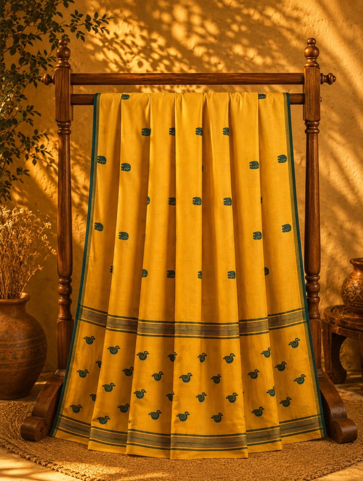 Mustard Yellow Pure Cotton Handwoven Saree with Teal Bird Motif Border & Traditional Buti Design