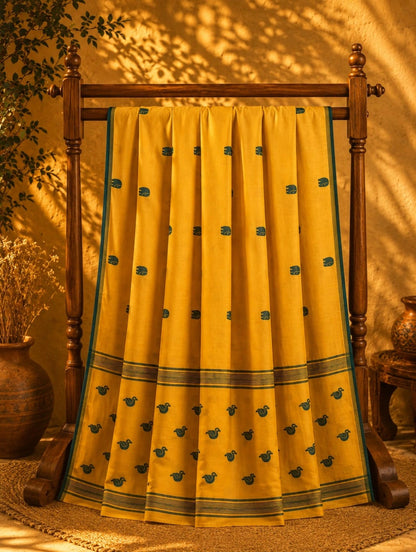 Mustard Yellow Pure Cotton Handwoven Saree with Teal Bird Motif Border & Traditional Buti Design