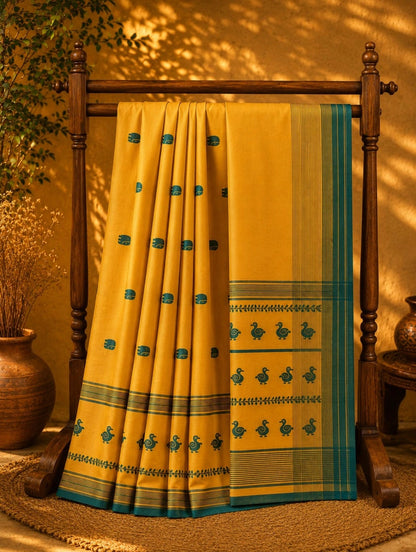 Mustard Yellow Pure Cotton Handwoven Saree with Teal Bird Motif Border & Traditional Buti Design