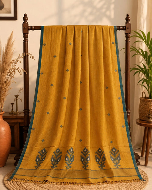 Deep Yellow Pure Cotton Hand Woven Jamdani Saree with Teal Border & Floral Pallu Motifs
